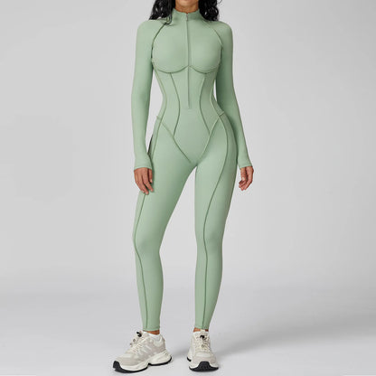 Women's Yoga Bodysuit - Long Sleeve Tracksuit Gym Zipper Suit, Breathable Fitness Jumpsuit