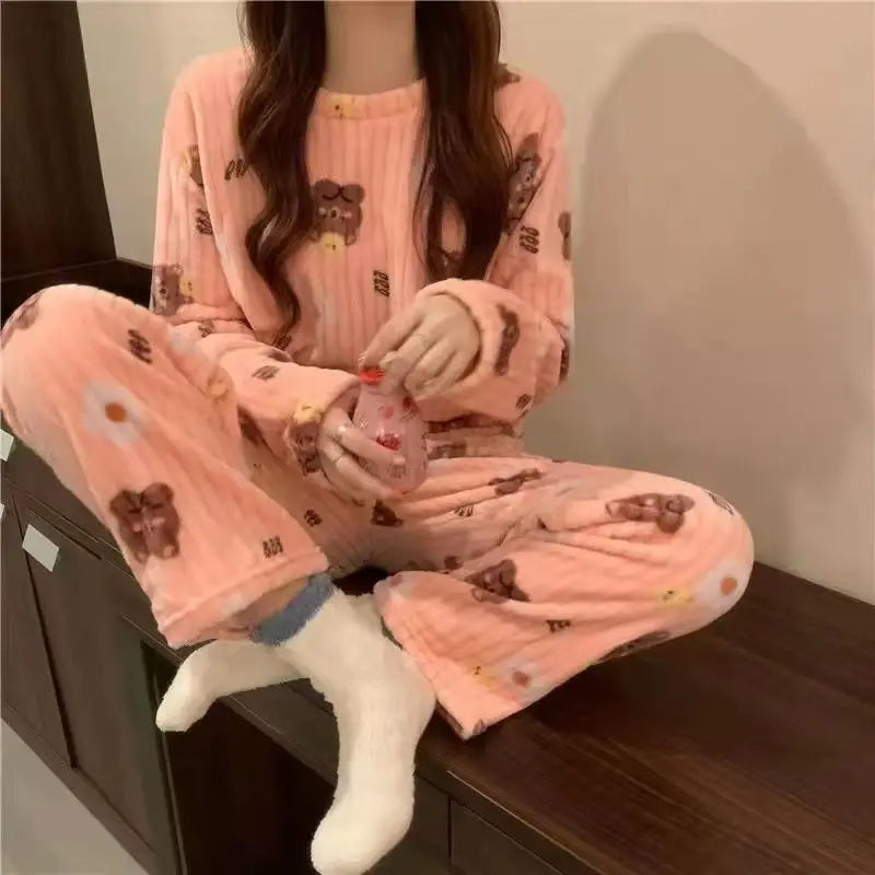 Autumn Winter Warm Flannel Fleecing Women Pyjamas Sets Thick Coral Velvet Long Sleeve Cartoon Sleepwear Thin Flannel Pajamas Set