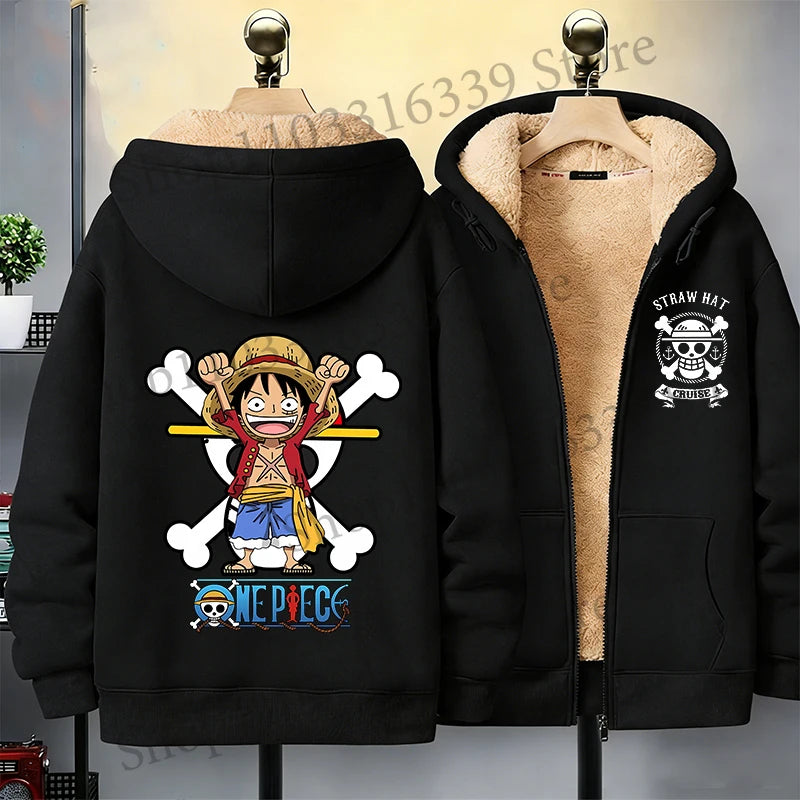 One Piece Man Thick Hooded Jacket Woman Winter Keep Warm Coat Anime Luffy Print Fleece Jacket Thermal Long Sleeve Hooded Clothes
