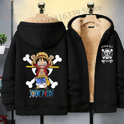 One Piece Man Thick Hooded Jacket Woman Winter Keep Warm Coat Anime Luffy Print Fleece Jacket Thermal Long Sleeve Hooded Clothes