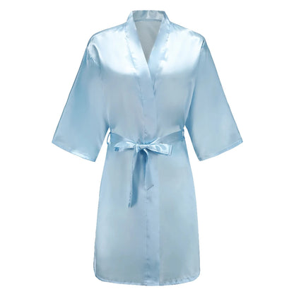 Light Blue Women's Satin Robe Short Kimono for Bride & Bridesmaid With White Letter, Wedding Party Robes