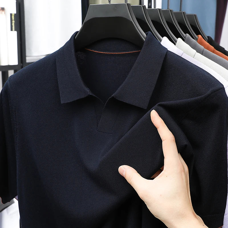 100%  Lyocell Knitwear 2025 Men Spring Summer Trendy Turn Down Collar Knit Tees Short Sleeve Breathable Knit Tops