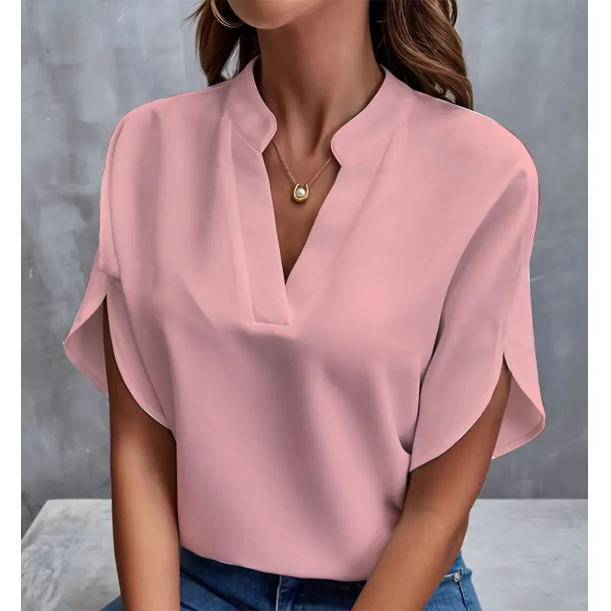 Women Elegant Solid V Neck Blouse Casual Short Sleeve Loose Shirt Summer Solid Tops Harajuku Office Ladt Chiffon Blouse 2026 New
