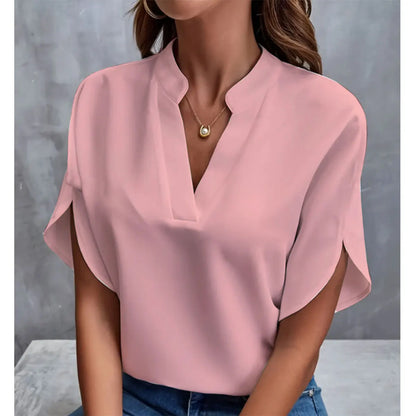 Women Elegant Solid V Neck Blouse Casual Short Sleeve Loose Shirt Summer Solid Tops Harajuku Office Ladt Chiffon Blouse 2026 New