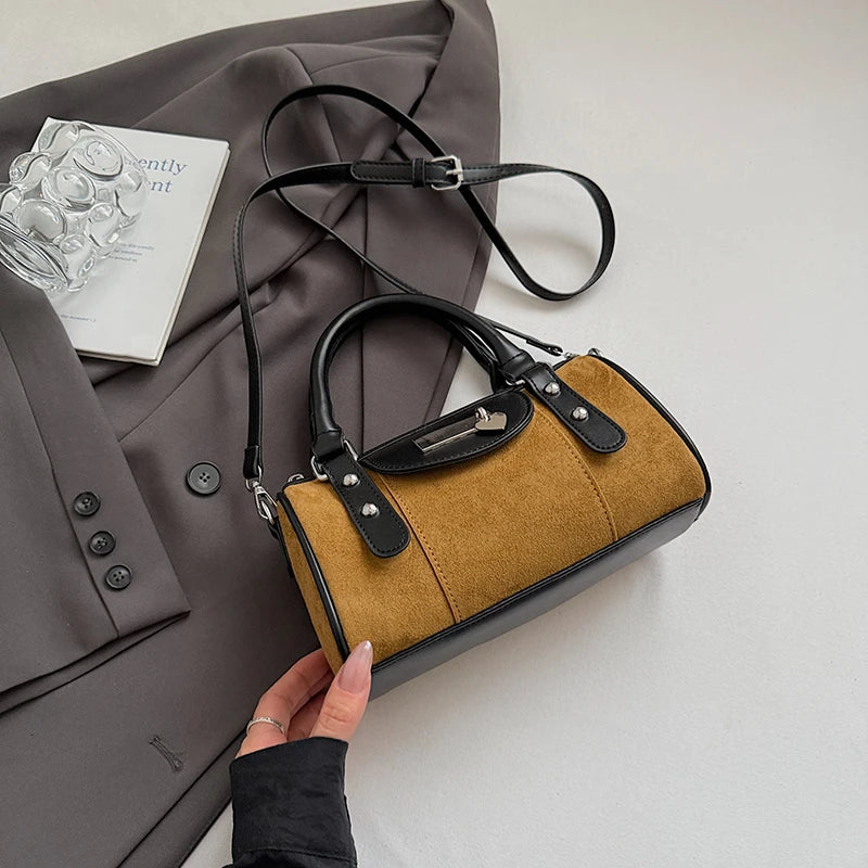 Faux Suede Shoulder Bag - Vintage Style Small Bucket Crossbody With Zipper Closure