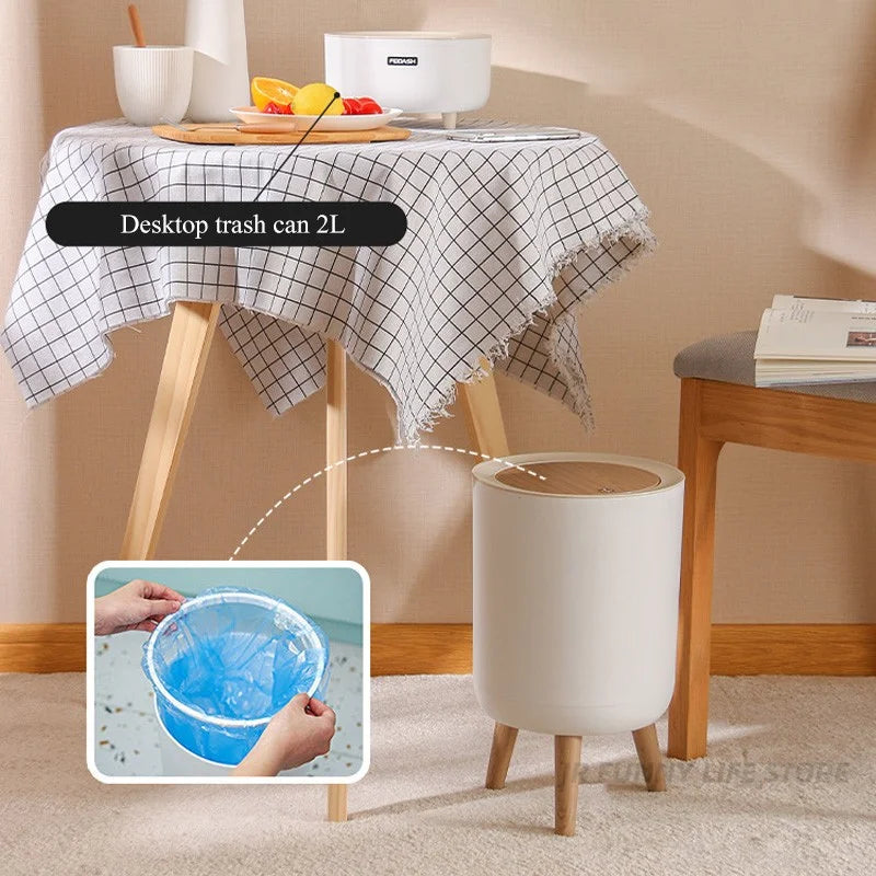 Wooden High Foot Trash Can - Creative Bathroom  Kitchen Wastebin with Press Cover