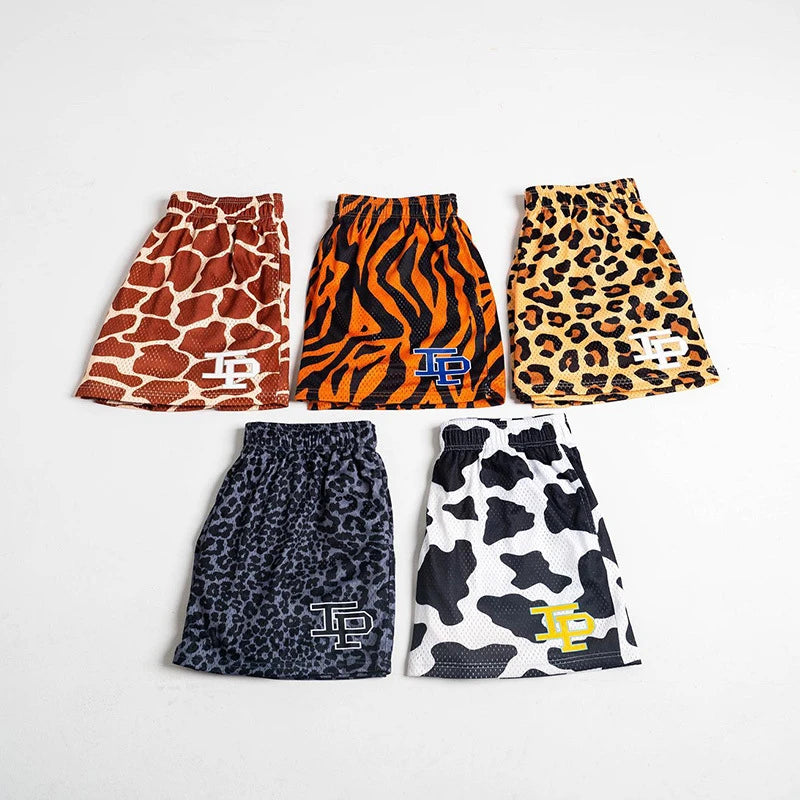 Summer Men's INAKA IP Leopard Print Mesh Shorts Elastic Waist Drawstring Breathable Quick Dry Gym Workout Fitness Casual Pants