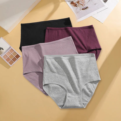 FINETOO 4 Pieces High Waist Women's Unicolor Seamless Panties Oversized Women's Underwears Solid Color S-XXL Cotton Pantys