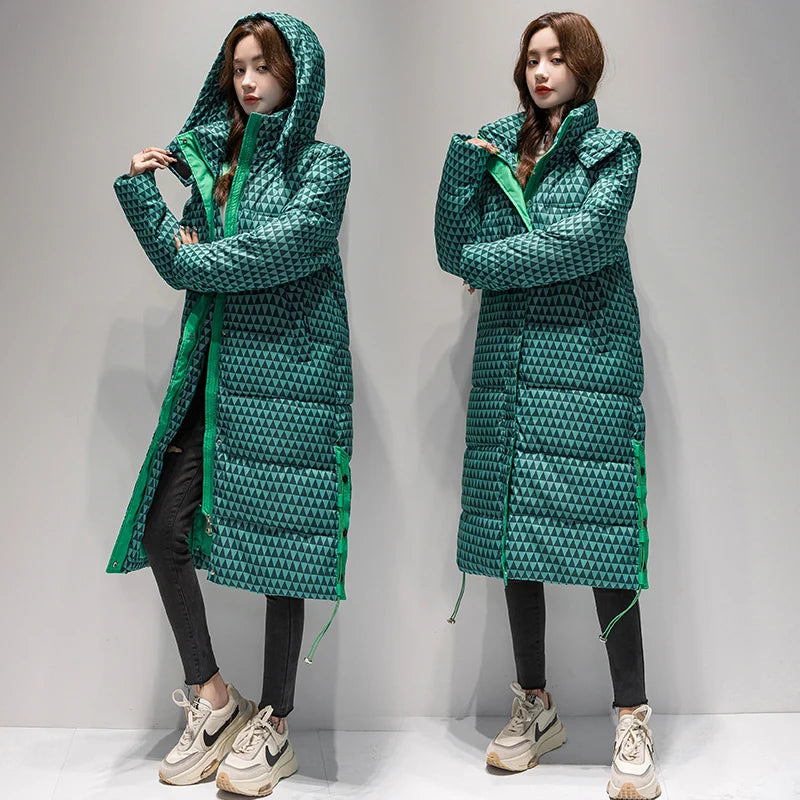 2023 Winter Warm  Plaid Long  Coat Women ' s Fashion Thicken Hooded Puffer Jacket Female Windproof Warm Outwear
