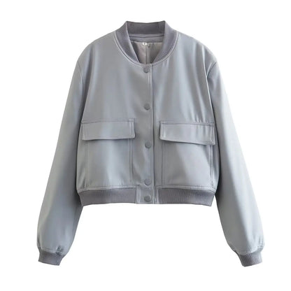 Women Bomber Jacket - Solid V Neck Single Breasted Polyester Coat With Pockets