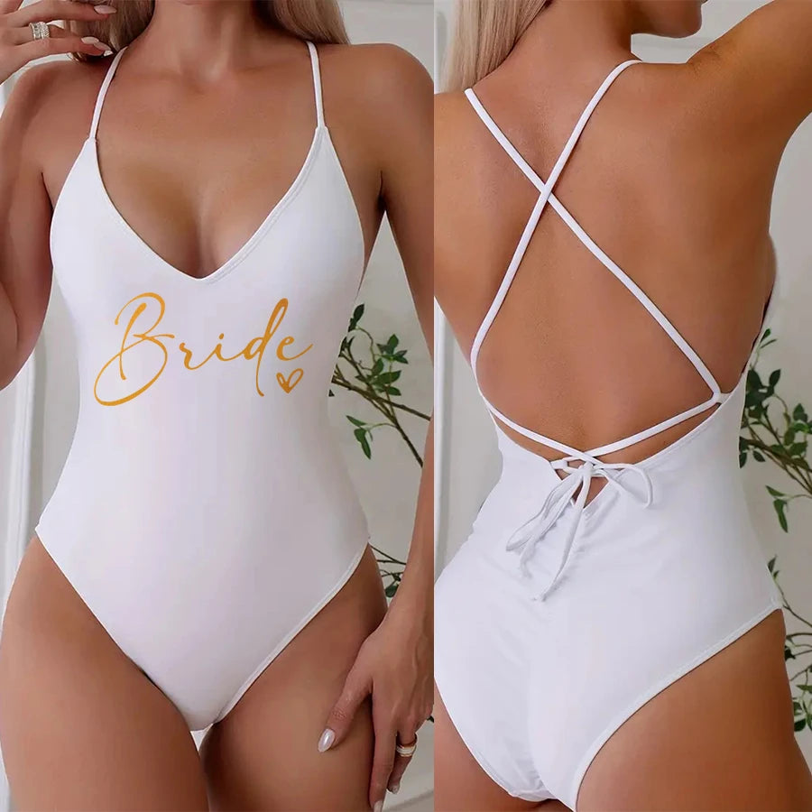 Pink Gold Print One Piece Swimsuit Team Bride Love Sexy Bathing Suit Padded Swimwear Women Bikini Bachelor Party Swim Beachwear