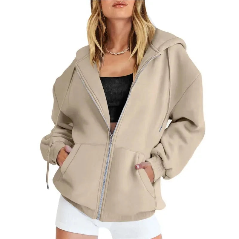 Fashion Gray Zip Up Sweatshirt Women Autumn Winter Jacket Clothes Hoodies Daily Pockets Long Sleeve Solid Versatile Lady Hoodies