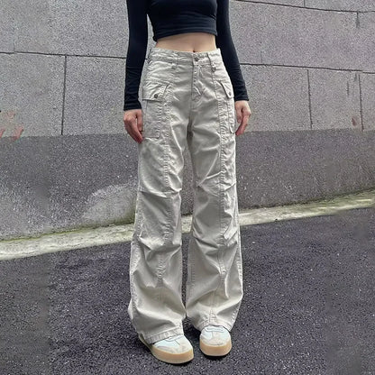 Multi-Pocket Casual Pants Female Straight Cargo Trousers Spring Summer Versatile Solid Color Pants Trendy High Street Trousers