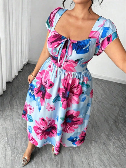Plus Size Women's Elegant Blue Printed A-Line Dress, Slim Waist Fitted Casual Mini Dress for Daily Dating