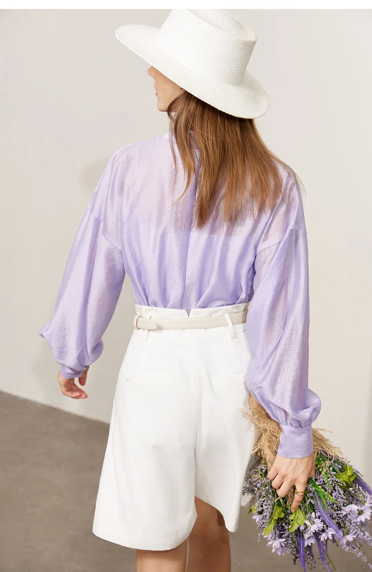 AMII Minimalist Blouse for Women 2023 Autumn Lantern Sleeve V-Neck Slightly Transparent Elegant Commuter Clothing Tops 72341030