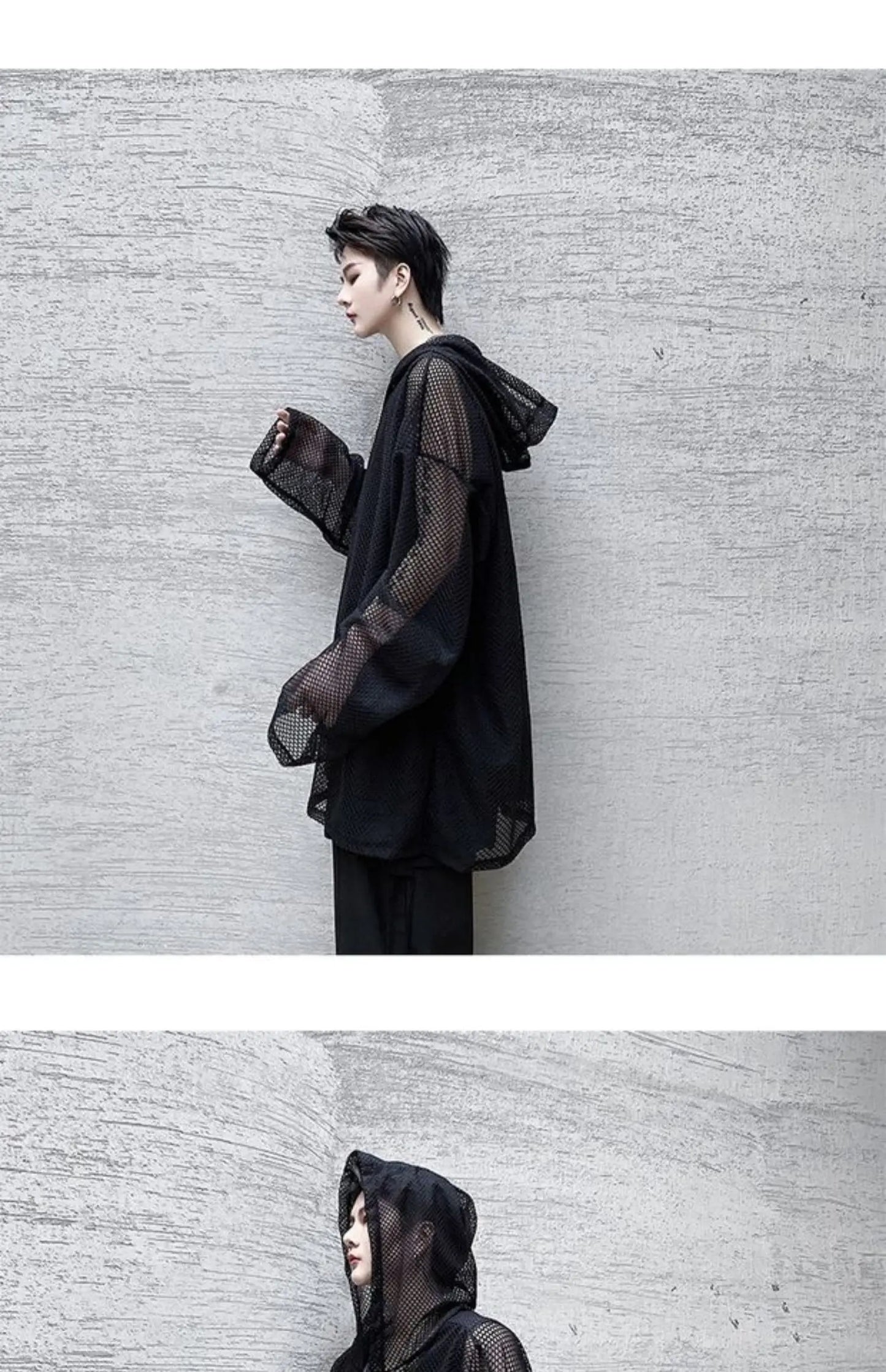 2024 Summer Dark Hollowed Out Mesh Hoodies T-shirt For Men Women Long Sleeves Loose Hooded Mesh Transparent Shirts