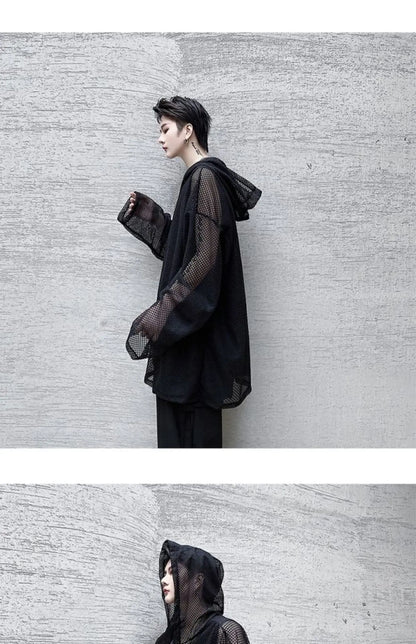 2024 Summer Dark Hollowed Out Mesh Hoodies T-shirt For Men Women Long Sleeves Loose Hooded Mesh Transparent Shirts