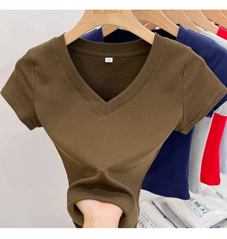 Summer Sexy V-neck Slim T Shirt Women Cotton Basic Solid Crop Tops Female Casual Tops Short Sleeve T-shirts 2026