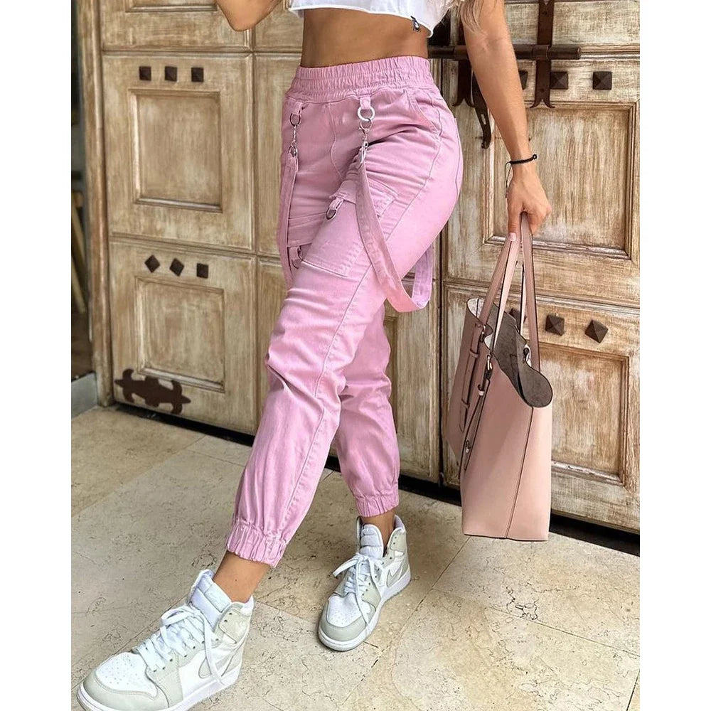 Women's Cargo Pants Casual Trousers 2026 Spring Autumn Solid Color Trend Street Pocket Design Cuff Suspenders Streetwear Women