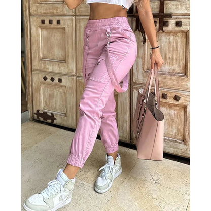 Women's Cargo Pants Casual Trousers 2026 Spring Autumn Solid Color Trend Street Pocket Design Cuff Suspenders Streetwear Women