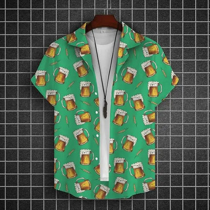 Hawaiian Shirt For Men 3d Beer Printed Short Sleeve Shirts Party Tees Summer Casual Tops Loose Oversized Clothing