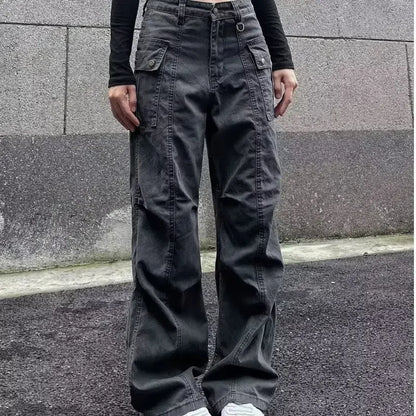 Multi-Pocket Casual Pants Female Straight Cargo Trousers Spring Summer Versatile Solid Color Pants Trendy High Street Trousers