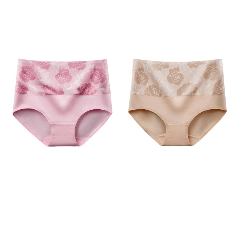 Plus Size L-5XL Women's Briefs Underwear Cotton High Waist Tummy Control Panties Rose Jacquard Ladies Panty Multipack