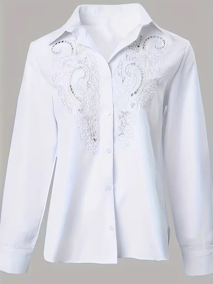 Plus Size Solid Long Sleeve Shirt, Elegant Embroidery Hollow-out Blouse for Commute Vacation