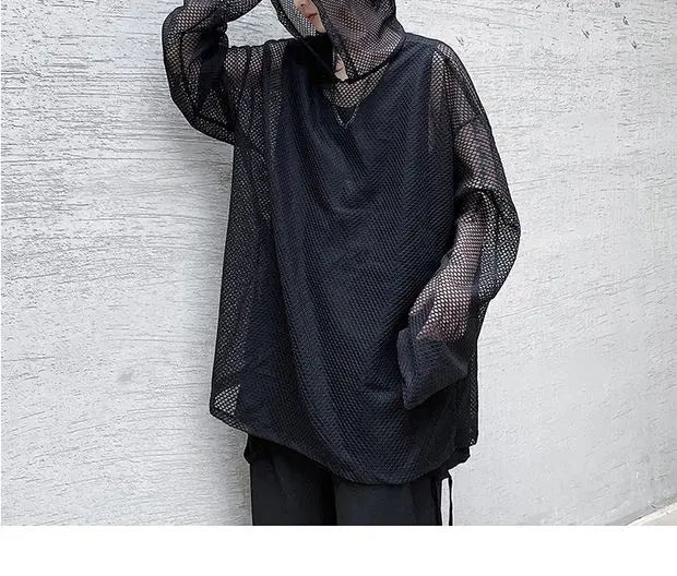 2024 Summer Dark Hollowed Out Mesh Hoodies T-shirt For Men Women Long Sleeves Loose Hooded Mesh Transparent Shirts