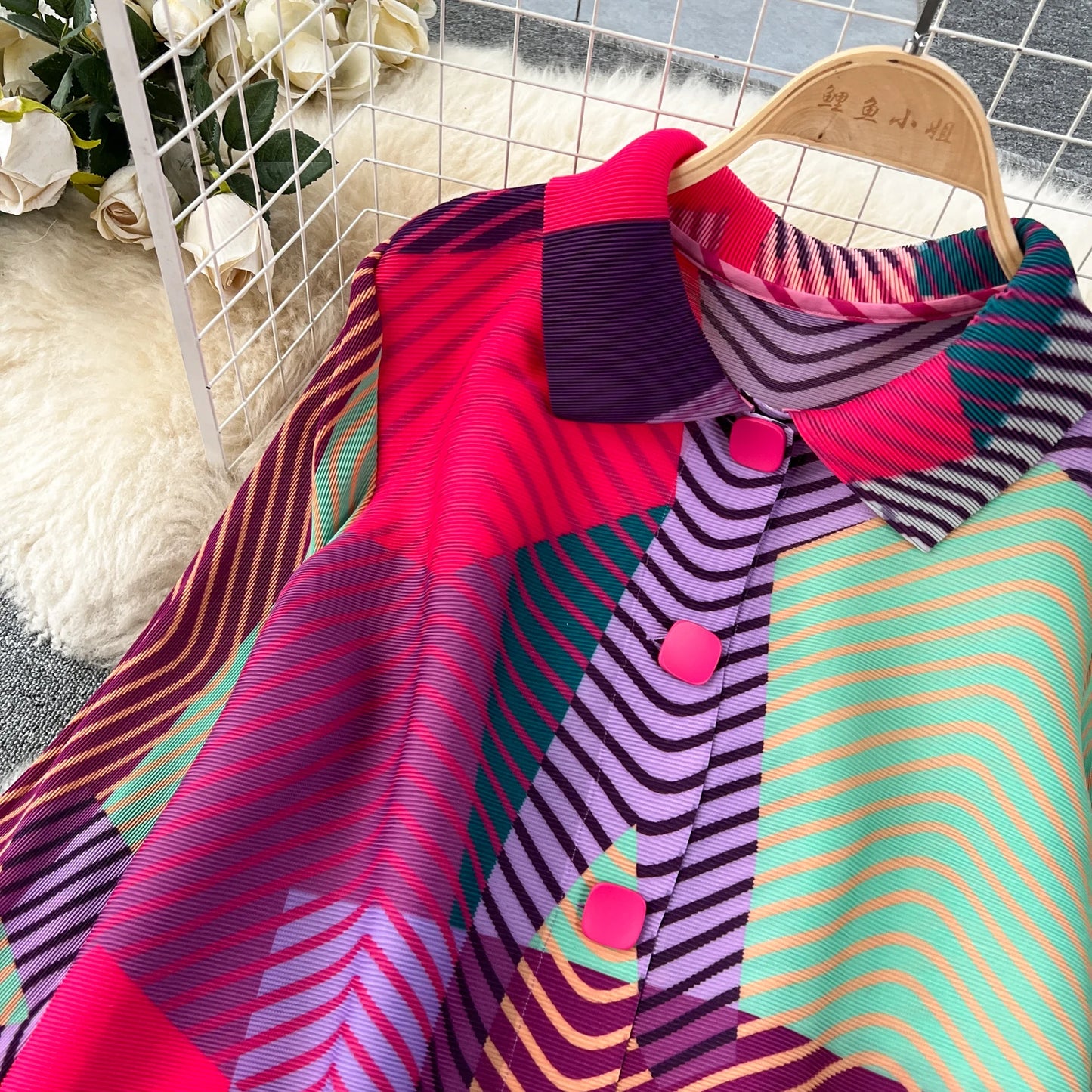 Miyake Pleated Drape Dress Women 2024 Spring Summer Colorblock Printing Lapel 3/4 Sleeve Single-breasted Fashion Shirt Dresses
