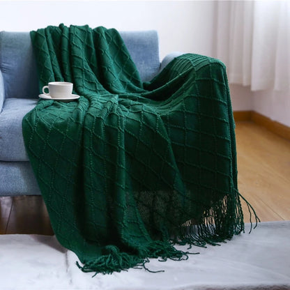 Green Oversized Knitted Throw Blanket - Soft Textured Decorative Couch Blanket