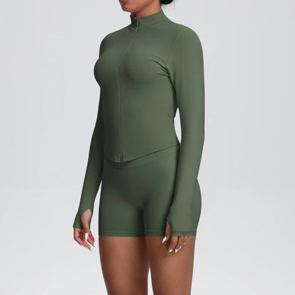 Women Gym Set - Seamless Yoga Suit With Zip Shirt & Cycling Shorts Activewear