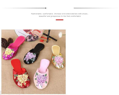 36-40 Women Slippers Sequin Embroider Shoes Summer Silk Fabric Flats Flower Closed Toe Soft Sole Non-slip Chinese Style Footwear