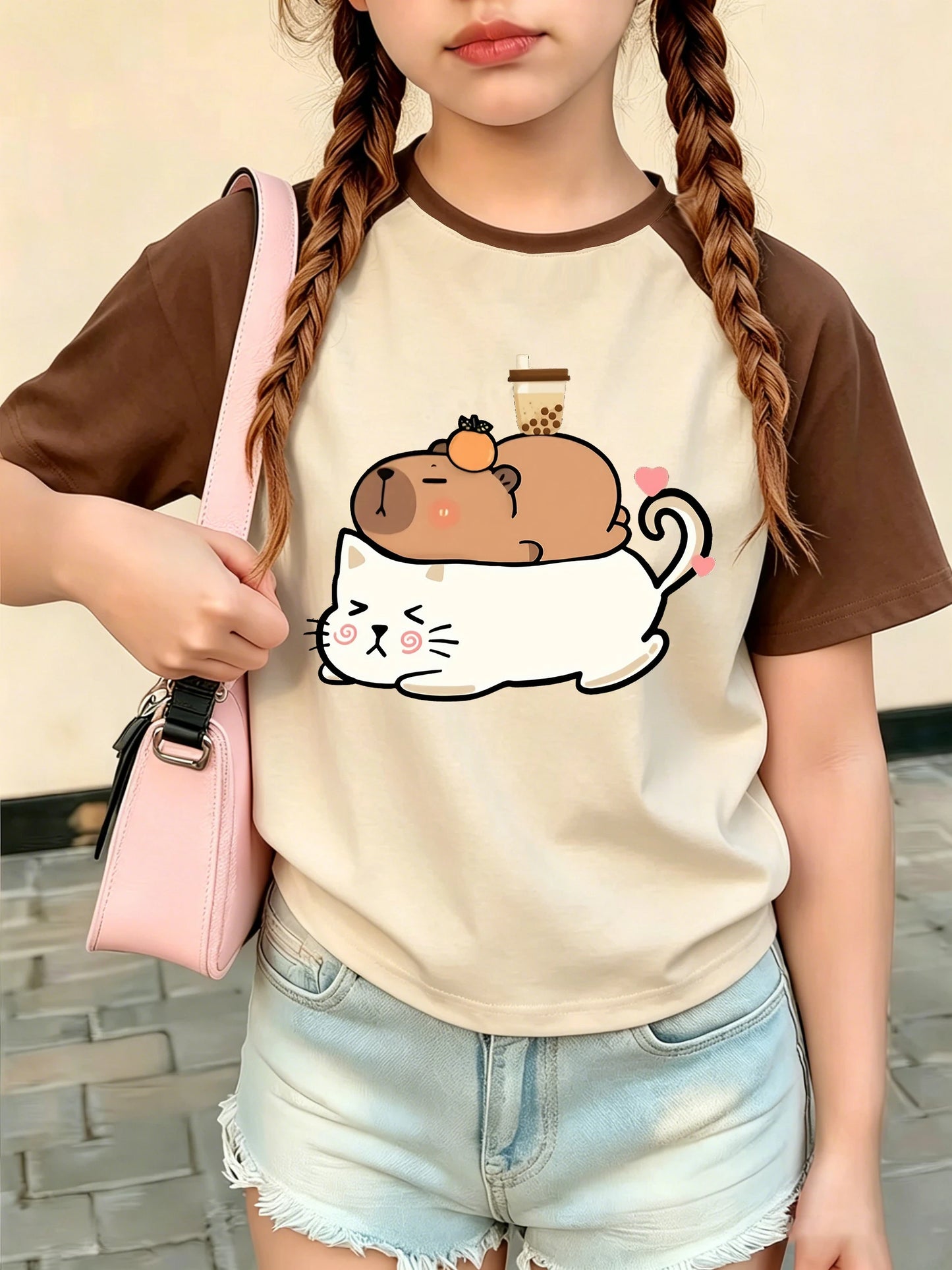 Kawaii Cat with Capybara Trendy T Shirts Short Sleeve Graphic Kids Children's T-shirt Boys Girls Casual Top Tee Summer Clothes