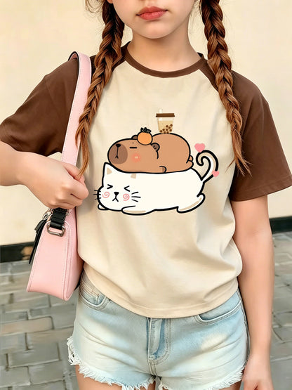 Kawaii Cat with Capybara Trendy T Shirts Short Sleeve Graphic Kids Children's T-shirt Boys Girls Casual Top Tee Summer Clothes