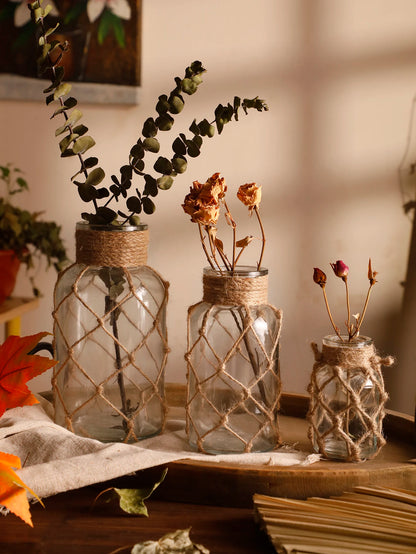 Hand Woven Hemp Rope Glass Vase - Boho Nordic Dry Flower Decor