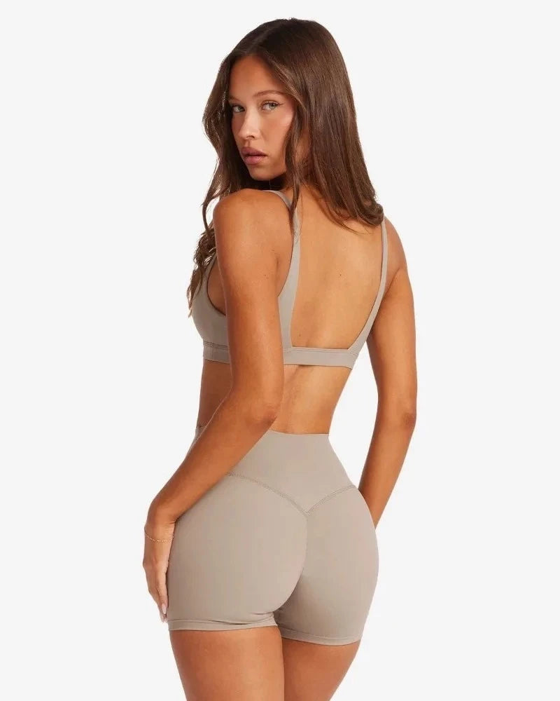 C-B Style V-Neck Sports Bra & High Waist Yoga Shorts/Leggings Set Women's Fitness Gym Pilates Activewear Workout Sportswear