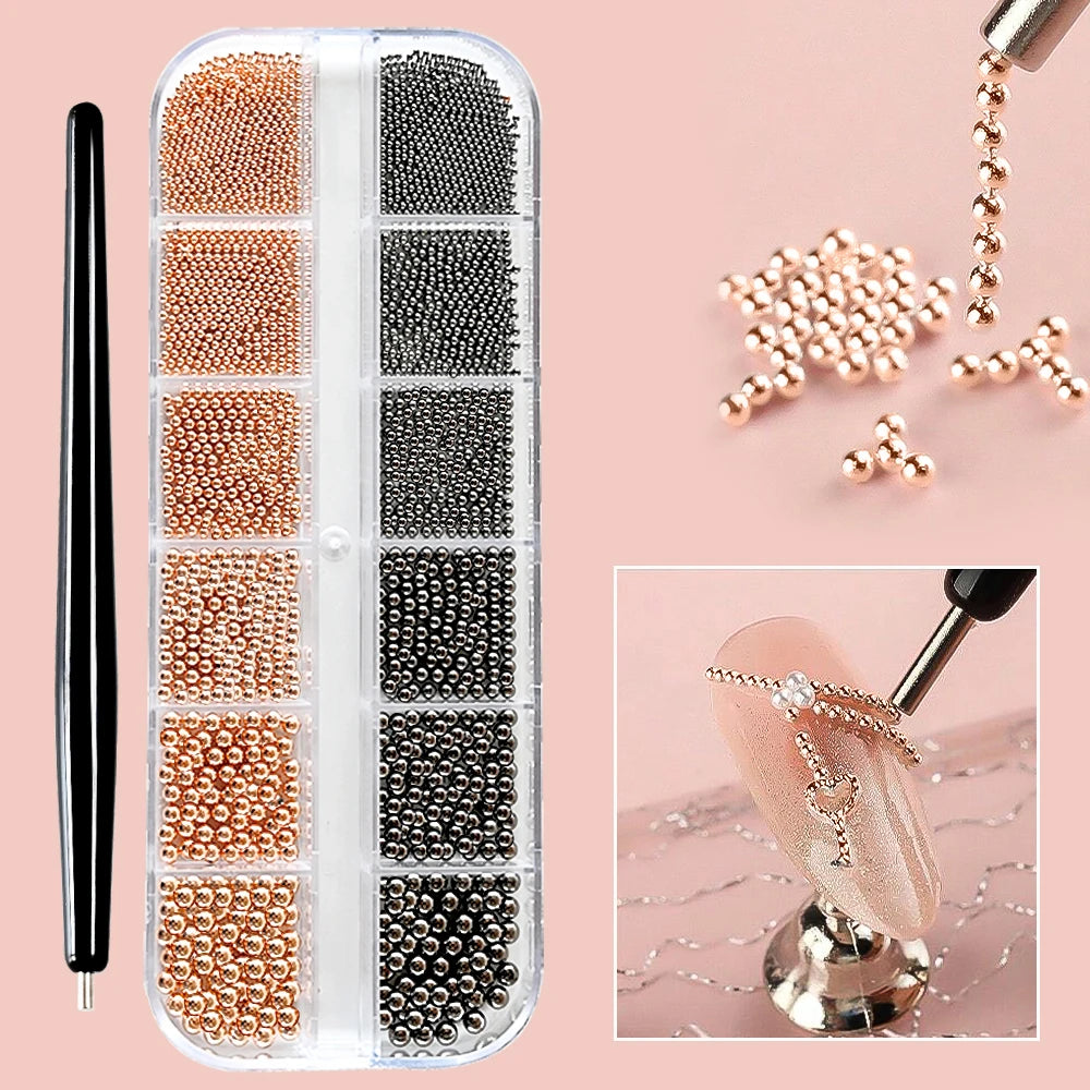 Mini Caviar Beads Nail Art Set - GoldSilver Micro Ball Charms with Magnetic Pen