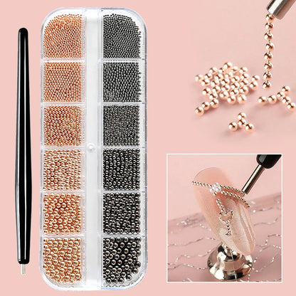 Mini Caviar Beads Nail Art Set - GoldSilver Micro Ball Charms with Magnetic Pen