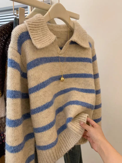 Blue Striped Soft Thickened  Neck Sweater Women's Autumn Winter Loose Fit Overhead Knitted Shirt Small Size Turn-down Collar