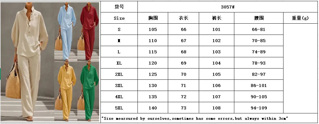 Fashion Cotton Linen  Pant Set  Women's Casual Stand Collar Button Top Wide Leg Trousers 2-piece Set Retro Female Office Suit