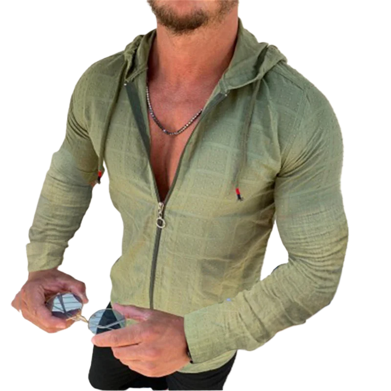2026 Summer New Men's Cotton Linen Hooded Shirt Lightweight Casual Zipper Slim Fit Vacation Tops Sun Protection Clothing