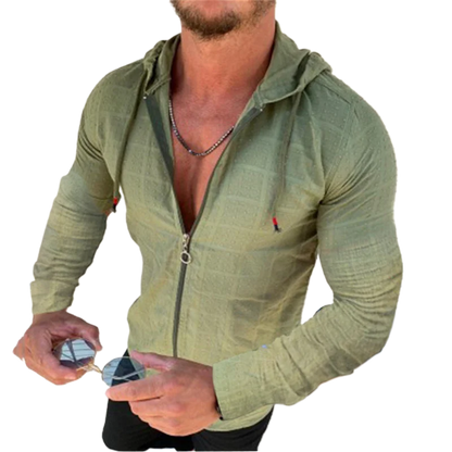 2026 Summer New Men's Cotton Linen Hooded Shirt Lightweight Casual Zipper Slim Fit Vacation Tops Sun Protection Clothing