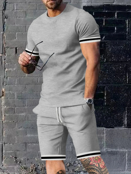 New summer men's minimalist striped printed comfortable and breathable round neck T-shirt shorts set for outdoor casual wear