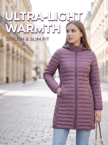 Ultralight Packable Puffer Coat for Women Long Warm Loose Solid Outwear with Detachable Hood
