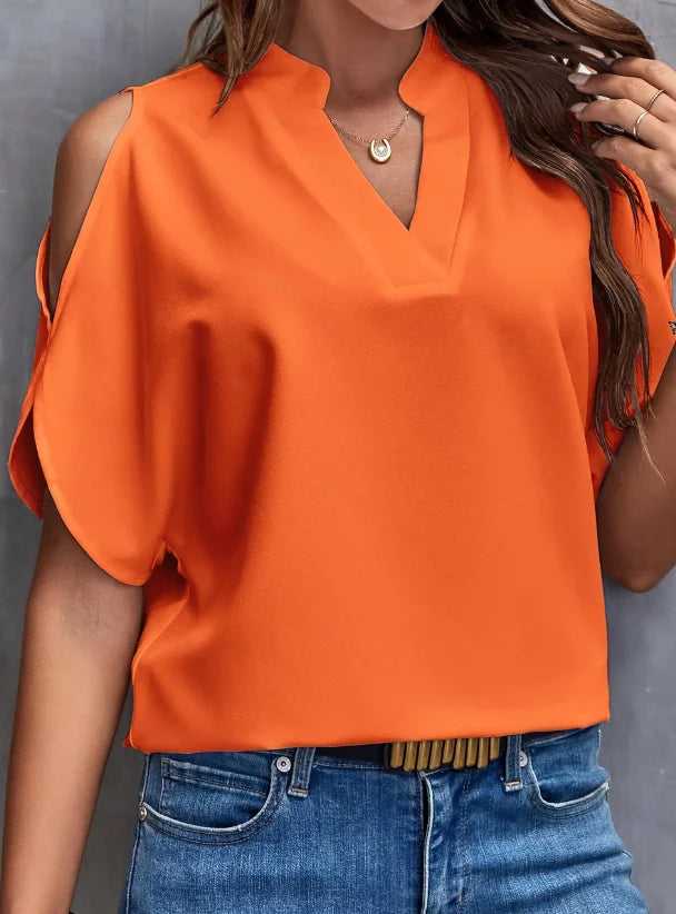 Elegant V-Neck Women's Short-Sleeve Shirt - Solid Color, Notched Collar, Loose European & American Style Versatile Top