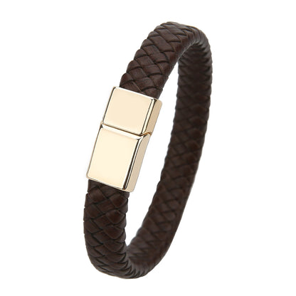 Mibrow Braided Black Leather Men Bracelet 10x5 12x6mm Size Fashion Metal Magnetic Clasp Wrap Bracelets Punk Charm Men Jewelry