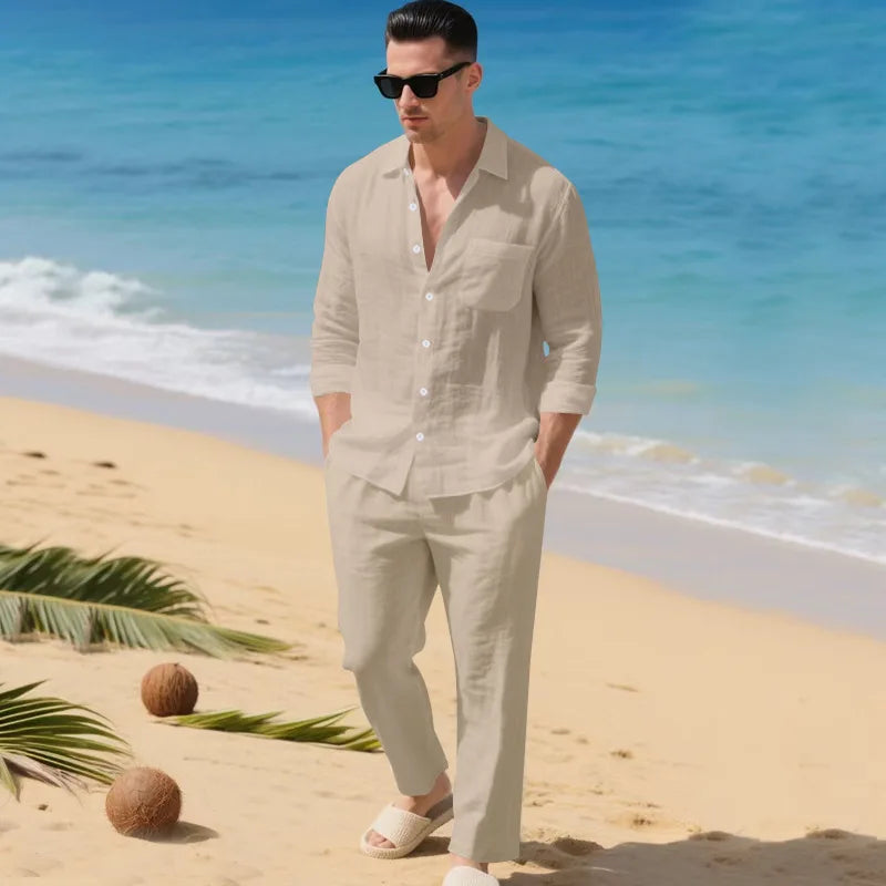 Men's Autumn Loose Trend Linen Solid Color Simple Lapel Long-Sleeved Shirt Beach Trousers Set
