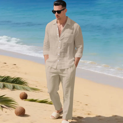 Men's Autumn Loose Trend Linen Solid Color Simple Lapel Long-Sleeved Shirt Beach Trousers Set