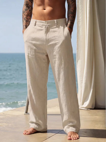 New Men Cotton Linen Pants Summer and Autumn Solid High Waist Wide-Leg Trousers Male Loose Hemp Casual Breathable Sports Pants